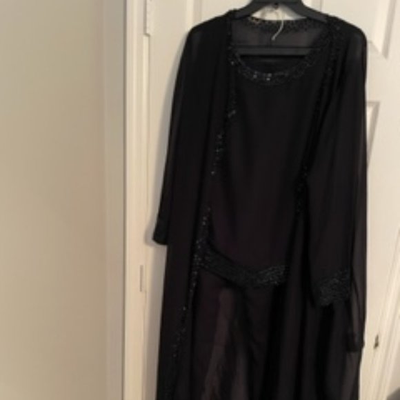 customevening wear dark navy Sheer duster with matching sleeveless top and pant